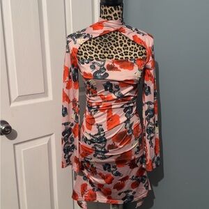 Source Unknown Red and Pink Floral Backless Dress